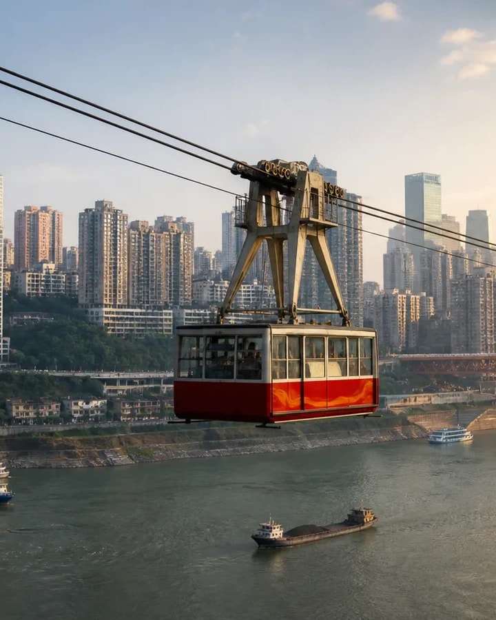 Kötélvasút a Jangce fölött Chongqing városképével