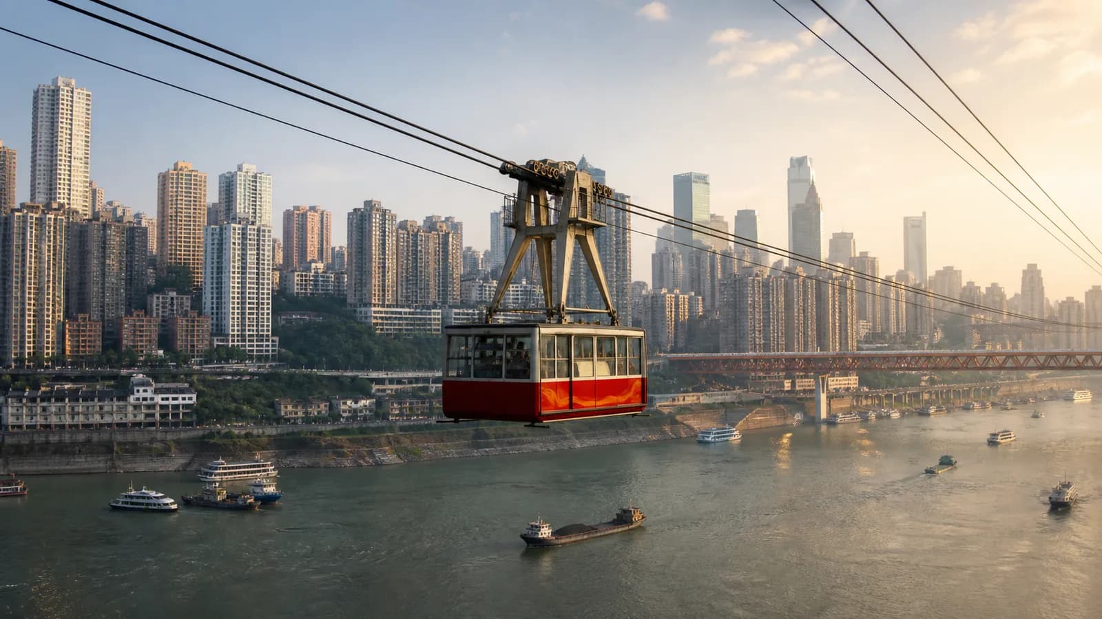 Kötélvasút a Jangce fölött Chongqing városképével