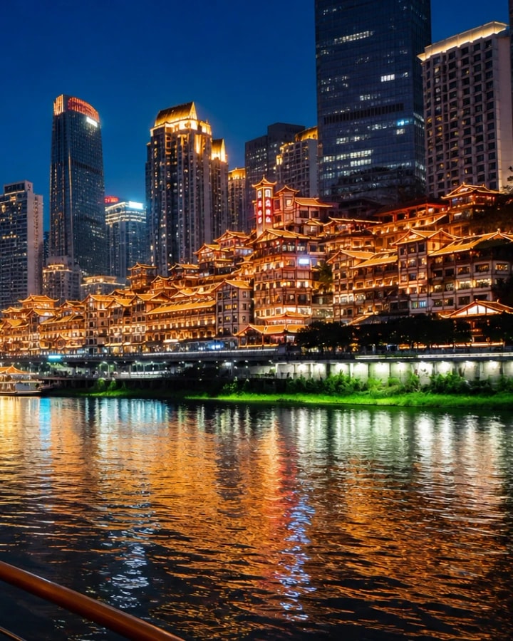 Esti hajózás Chongqing kivilágított folyópartja előtt