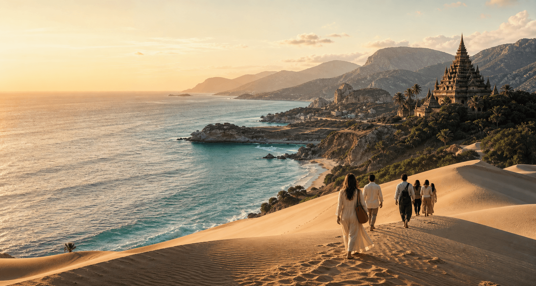 Premium travel atmosphere with desert, seaside and distant temple